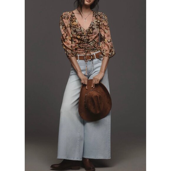 MOTHER The Cinch Top XS Brown Floral Puff Sleeve Ruched Front Lightweight Blouse - Picture 4 of 10